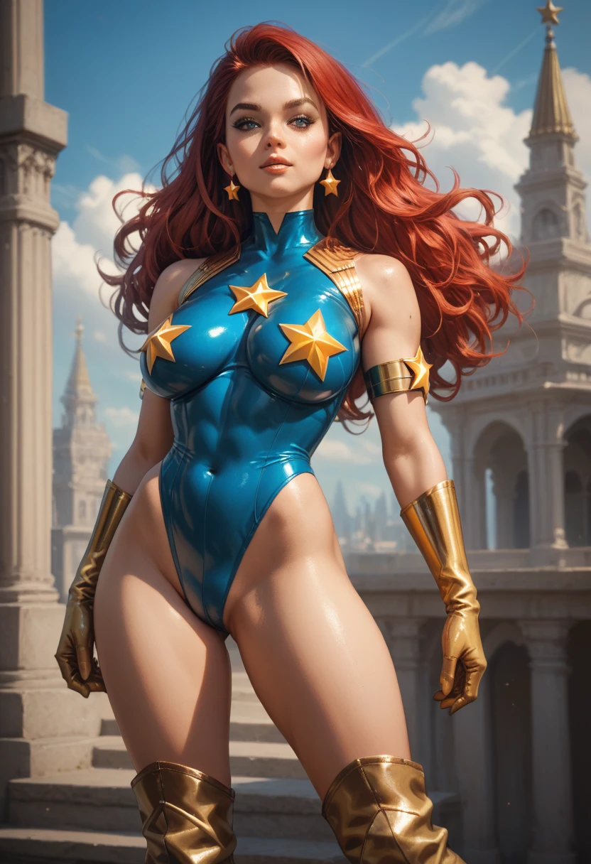 score_9, score_8_up, score_7_up, score_6_up, score_5_up, score_4_up, Sexy, Superheroine, Red hair, long hair, busty, ((blue highleg leotard with a t-back thong and a gold star insignia on chest)), gold boots, gold gloves