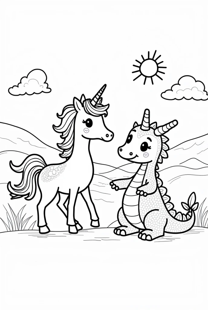 coloring book page black and white for kids unicorn with sun drawn on body, dragon