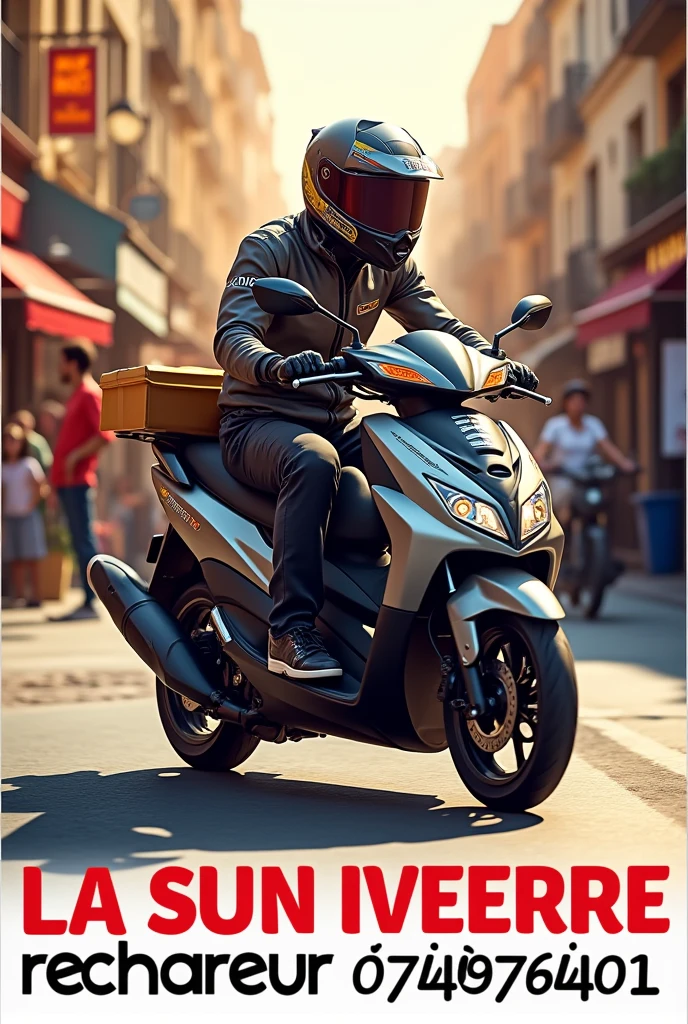 Hello, generate me an image that would post the ad that I am looking for a motorcycle delivery person and that would mention my phone number. :074476491 The text must be written in French