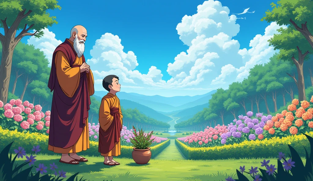 Old monk master standing with his young monk desciple at beautiful garden and they are watching beautiful flowers, in anime style,  the pot placed at the edge of a flower bed,