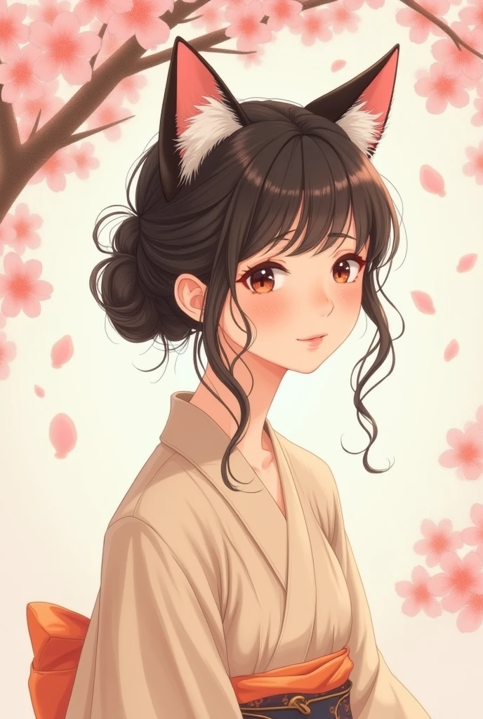 A graceful 50-year old Japanese woman who is wearIng a beige blouse with her long hair tied into single bun at back of her head. She has cat's ears.  The cat ears are proportionate and blend naturally with her hair. Front side of the cat ears are all pink without white fluffy fur. The back of the ears should be calico pattern which has patches of white, black, and orange colors. Make it into a image, not photo like. 
I need ears -paches of white , black, and orange and smaller and rounder..