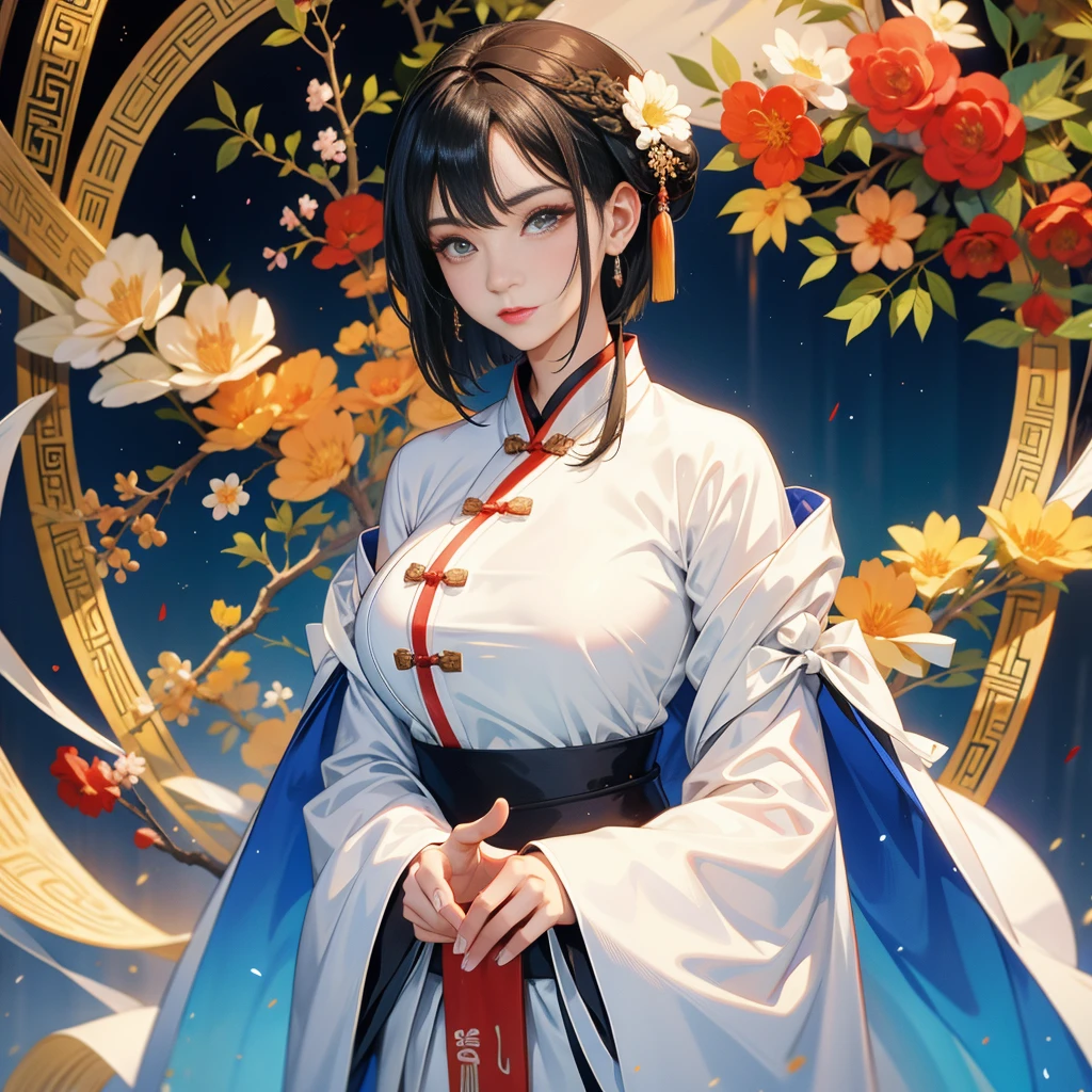 A 30-year-old beautiful wife in ancient Chinese white Hanfu, black short hair, big breasts 8K