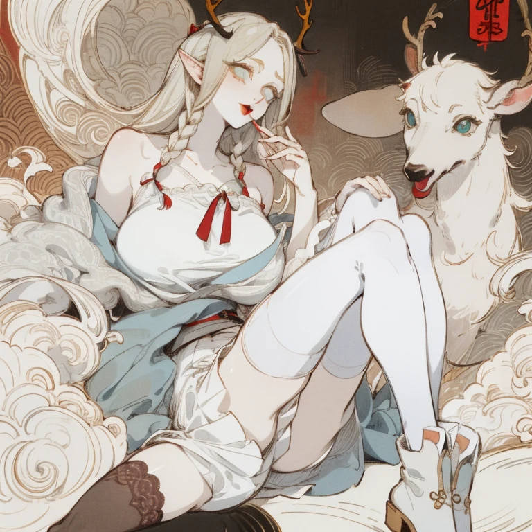 1girl, White skin, (deer ears), Exquisite eyes,Red Eyeshadow, Red lips,Fake laugh, Ukiyo-e, masterpiece, high quality, at the lowest limit, Tiny,White boots，Huge breasts，Bare shoulders，，Lace，Lace stockings，Lace skirt, nine_colored_deer_arknights