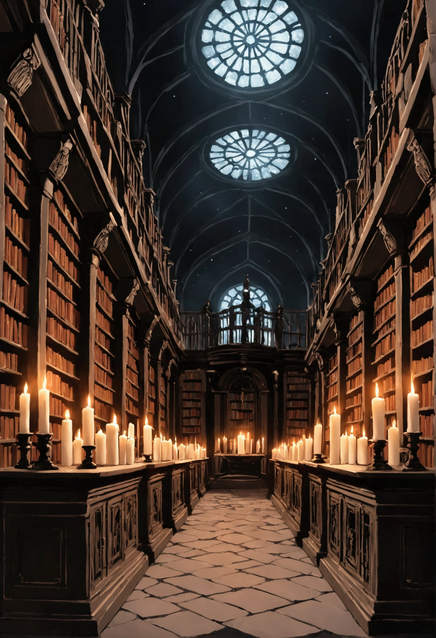 haunted library, with many white and dark souls, with books and candles