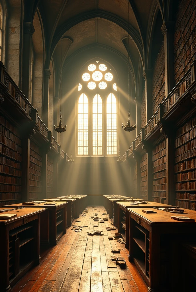 Photo of a huge and deserted old library. Prise de vue en perspective
