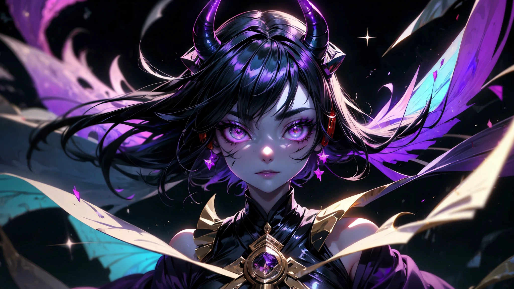 oni, demon girl, headphone(((eyes close up))),ethereal scars on face, twisted horns, midnight black hair, otherworldly, iridescent ((violet skin)), astral plane, hovering among stars, transcendent meditation, detailed face, spectral staff, flowing robes, wholesome, , expressive eyes, shining brightly eyes