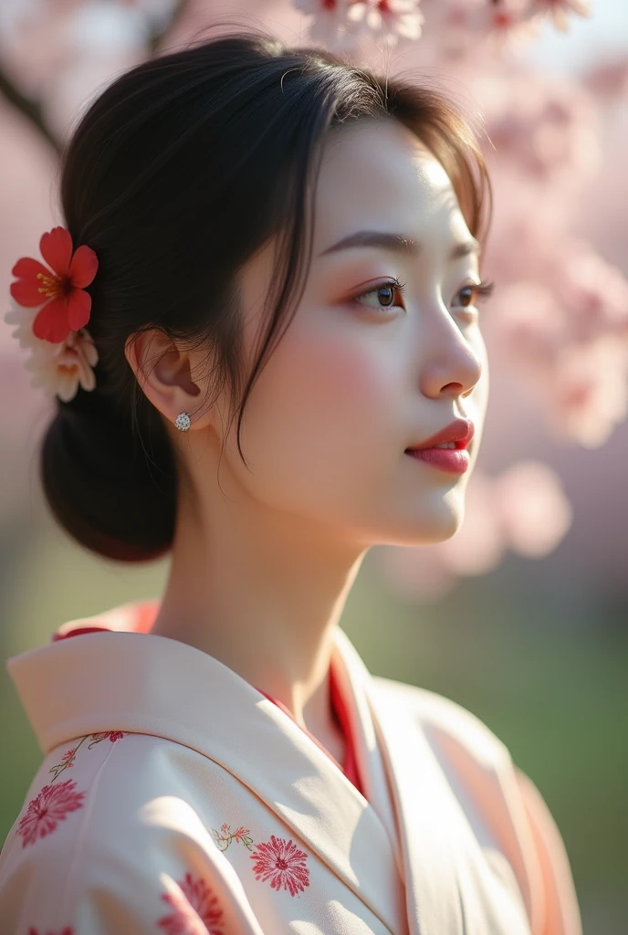 An elegantly dressed Japanese woman in natural light、A close-up of her chest and calm expression.、It shows her inner peace and outer charm.。