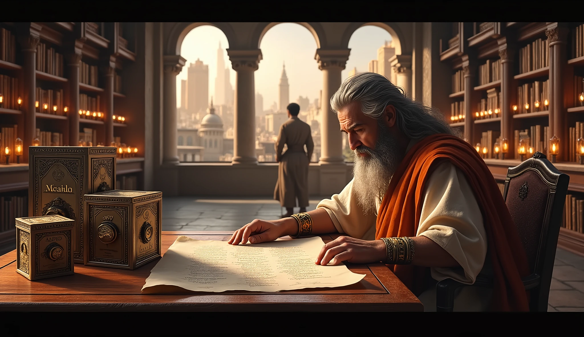 Create an image of Solomon in a library or planning room, reviewing a scroll representing your savings plan. Next to you, a table with several small safes, each labeled with different future purposes, as &#39;emergencies&#39;,&#39; &#39;investments,&#39; and &#39;opportunities.&#39; In the background, show an open window revealing a growing city of israel, where constructions and innovations represent the opportunities that savings can unlock over time. Also include a picture of a merchant trying to sell luxurious goods., to reinforce the idea of resisting immediate consumption.