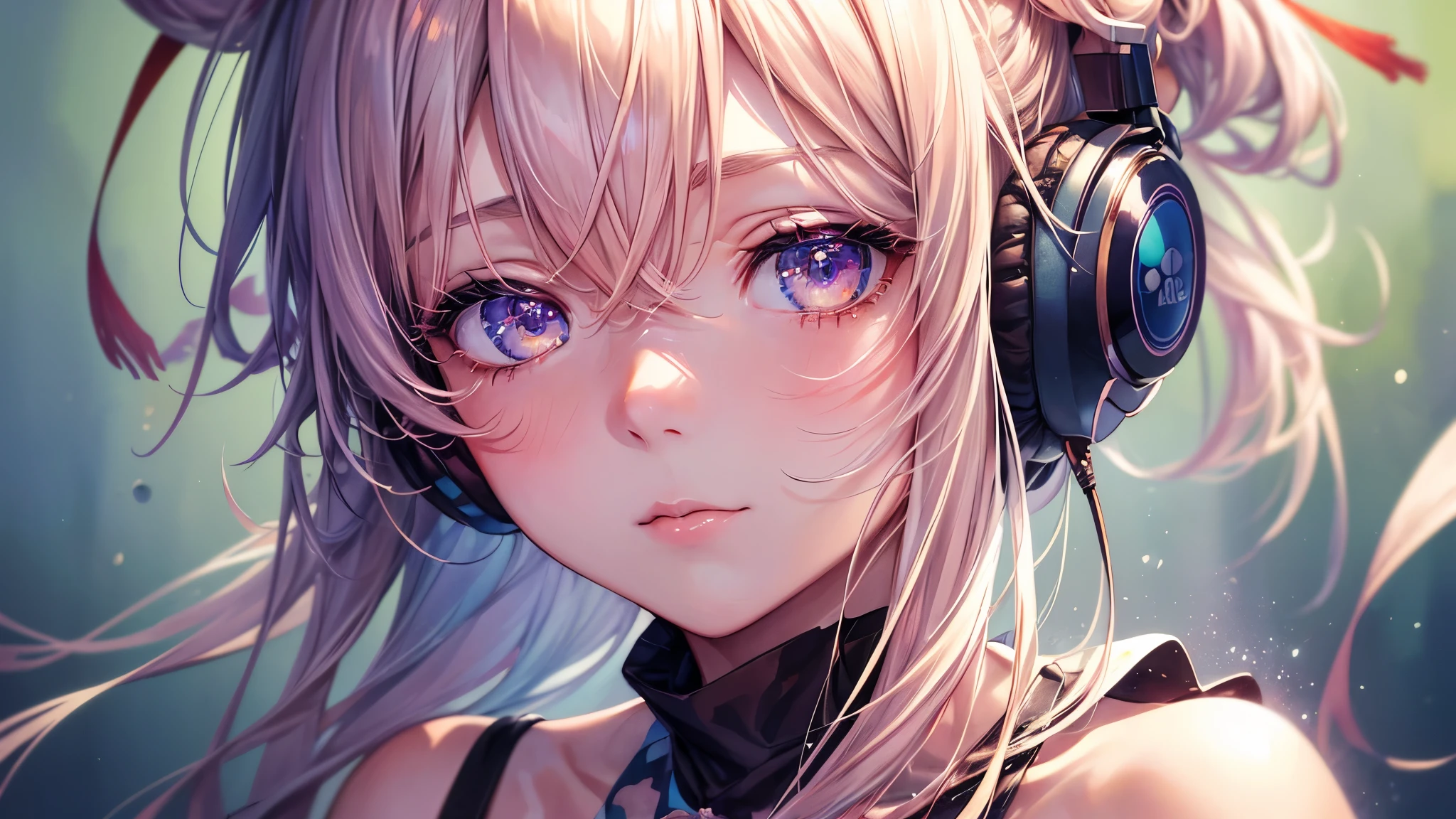 (8K, Best Quality, masutepiece:1.2),(Best Quality:1.0), (超A high resolution:1.0), (((eyes close up))),headphone, watercolor paiting, Beautuful Women, Shoulder, Hair ribbons, agnes cecile, Half Body Portrait, extremely luminous bright design, Pastel colors, (inky:1.3), autumn lights, expressive eyes, shining brightly eyes