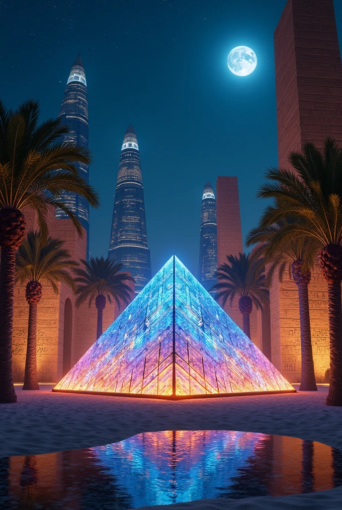 Create a blend of an ancient Egyptian city with modern 21st century features illuminated at night with a luxurious modern glass pyramid illuminated at night