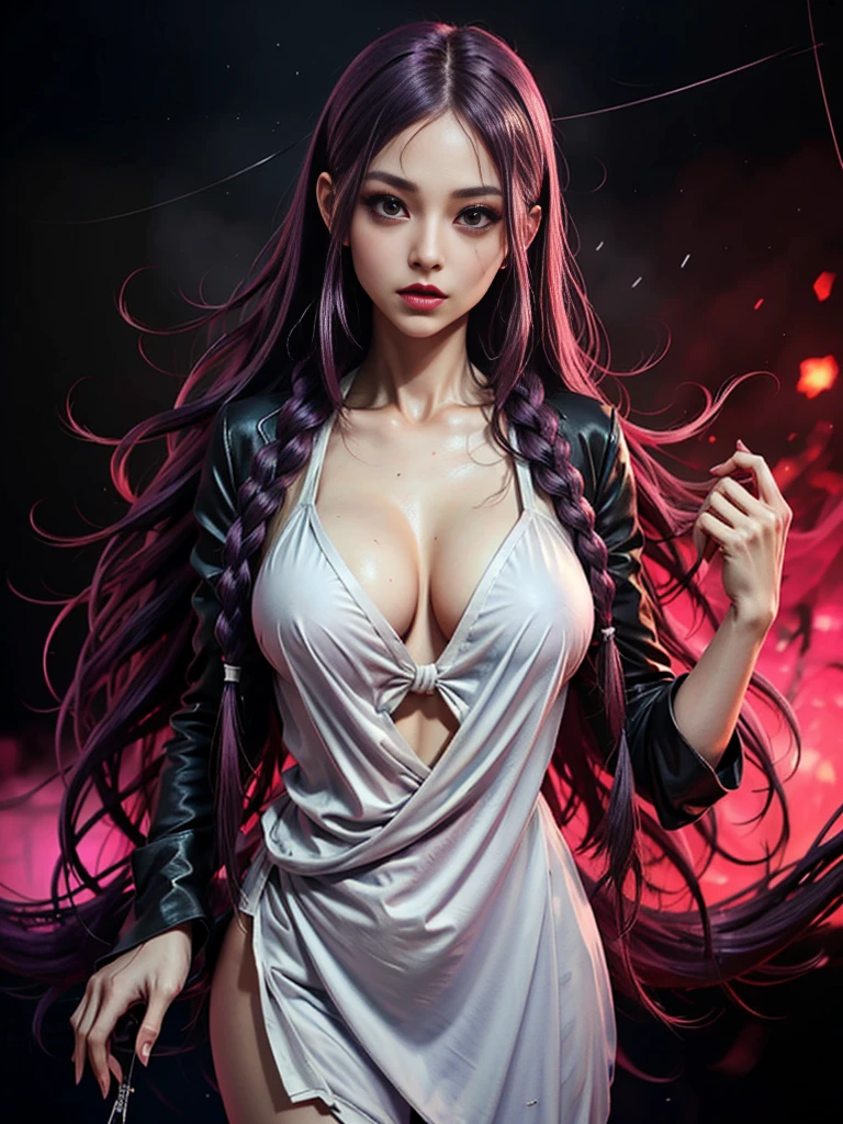 background（Black Night Sky，Big Moon），Close-up of a woman，Wearing a white shirt、Purple Hair，Very long hair，very thick braids，Purple eyes，big ， realistic girl rendering, 8k artistic german bokeh, Enchanting girl, Real Girls, Gurwitz, Gurwitz-style artwork, Girl Roleplay, Realistic 3D style, cgstation Popular Topics,, 8K Portrait Rendering,（truth，truth：1.4），Wear pink pajamas，巨big ，Sparkling eyes，Purple eyes、(sexy girl)