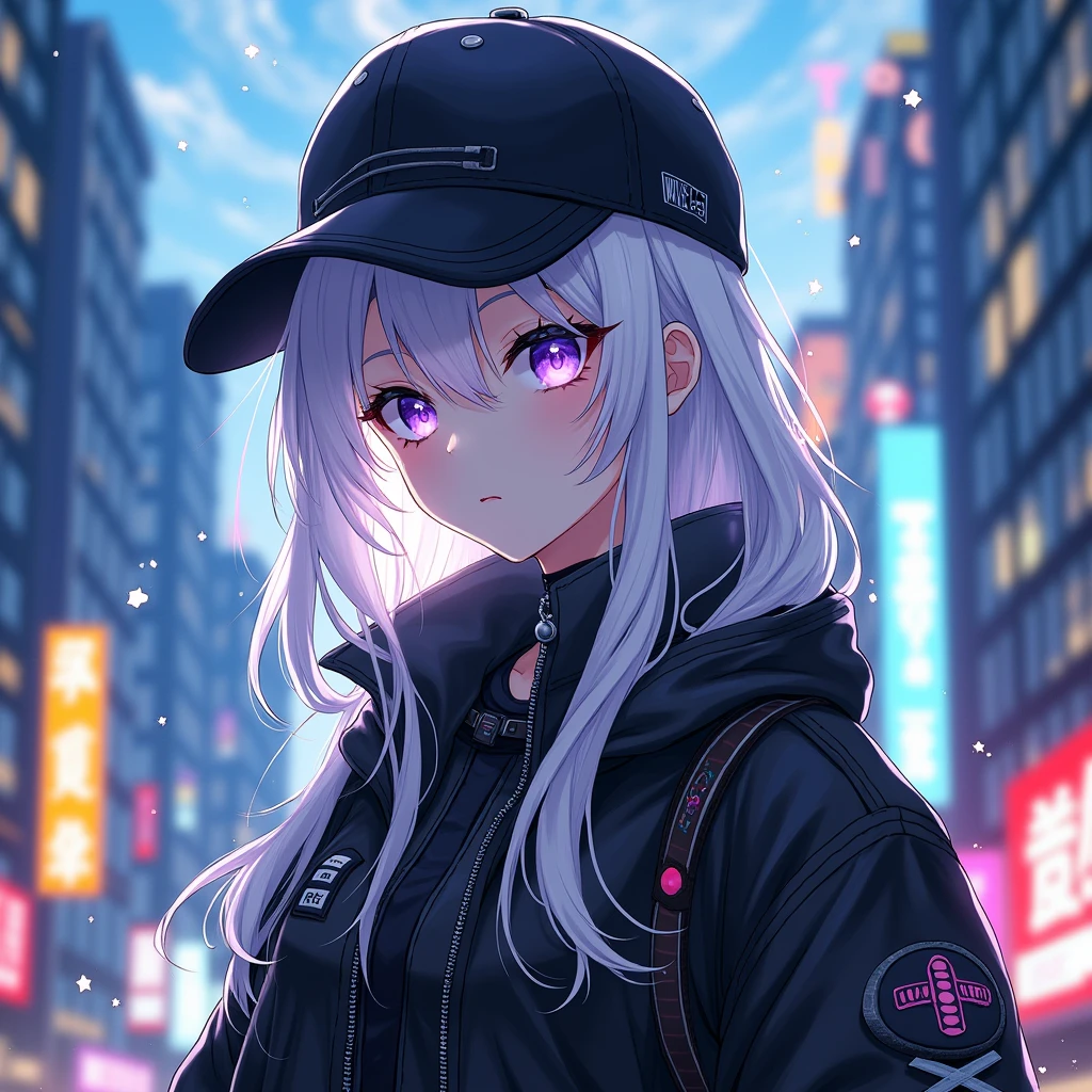 masterpiece, Best Quality, 4k, HD, Mishoujo, chart, beautiful eyes and detailed face, illustration, Beautiful detailed, high resolution illustration, bright_white_particles, 1 girl, white hair, light purple eye, hair over one eye, short side detail, baseball cap,expressionless, blind, black jacket, chest platform, cyberpunk, technological clothing,(Impressionism:1.4), Vincent Van Gogh
