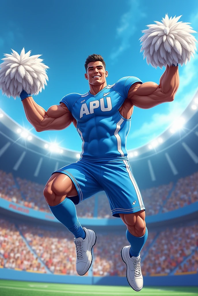 Create a blue men's cheer uniform, light blue and white