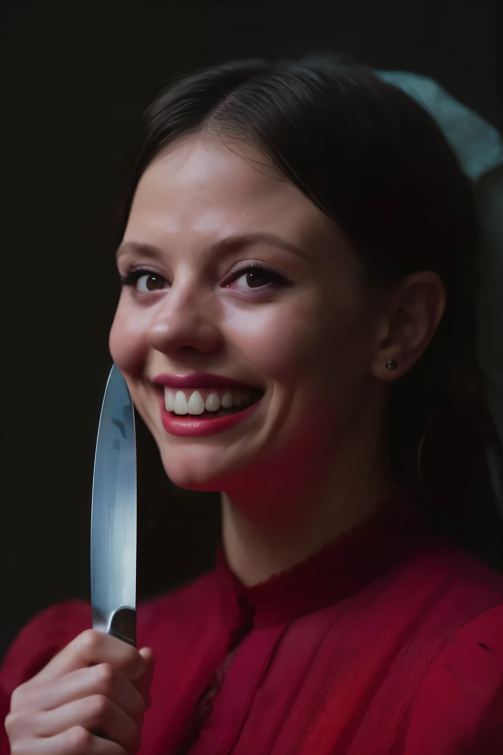 Head and sholders portrait. (Pearl from the A24 movie "Pearl", ((blood splatter droplets on her body and face )), ((large smile)), ((holding an knife)) , wearing a red dress), standing in a dimly lit, eerie farmhouse setting, cinematic lighting, hyper-realistic style, high detail, dramatic shadows, (shallow depth of field), (moody color grading), (sharp focus), (tense atmosphere), (vintage film grain), (portrait photography style), dark background, (masterpiece: 2), best quality, ultra highres, original, extremely detailed, perfect lighting. Farmhouse background. 
