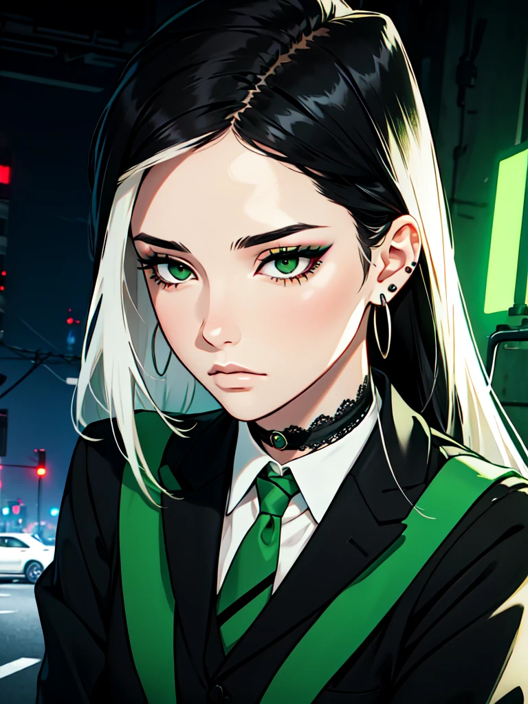 1girl, ((hair over eye)), (tight black lace blazer), black tie, ((long hair)), ((straight hair)), (((black hair))), side swept bangs, white skin, pale, white, (green eye), tired expression, choker, ((dark makeup, mascara, eyeshadow)), mole under eye, multiple piercings, best quality, 8k, cyberpunk city, neon streets, white shirt, erotic, slytherin