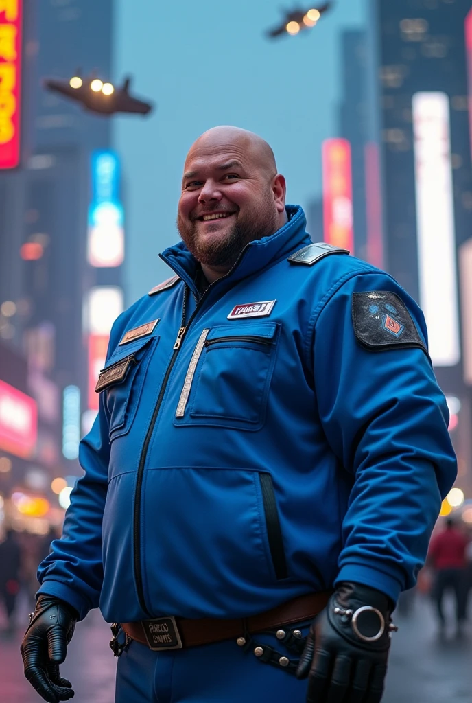 A BALD, FAT MAN WITH A PRCON UNIFORM IN SUPER BLUE
