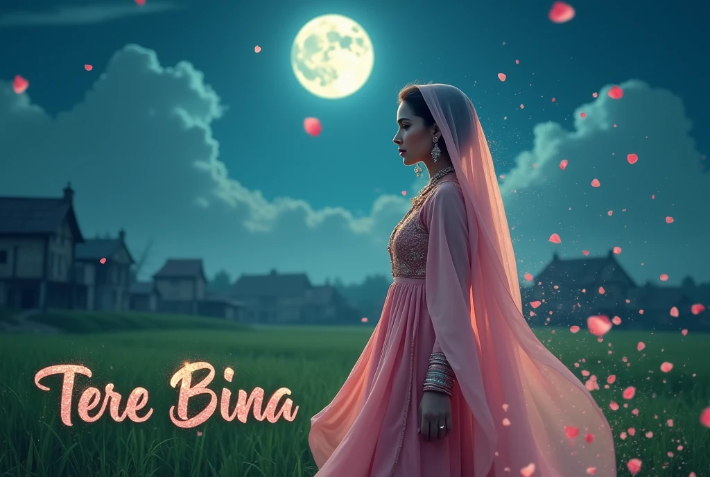 For a thumbnail image based on the song "Tere Bina," here’s a detailed prompt:
"A beautiful Punjabi woman, dressed in a flowing traditional outfit with a soft, pastel-colored dupatta draped over her head, stands under a moonlit sky. Her expression is a mix of longing and sadness, with a tear glistening on her cheek. She is surrounded by a serene rural landscape with lush green fields and a small village in the background. The moon is full, casting a gentle glow that illuminates her face, highlighting her deep emotions. In the foreground, delicate rose petals float in the air, symbolizing her love and sorrow. The title 'Tere Bina' is elegantly written in stylish Punjabi script at the bottom, with soft, glowing effects around the text, creating a dreamy and melancholic atmosphere."
This prompt captures the essence of a Bollywood-style Punjabi love song in a visually compelling way.