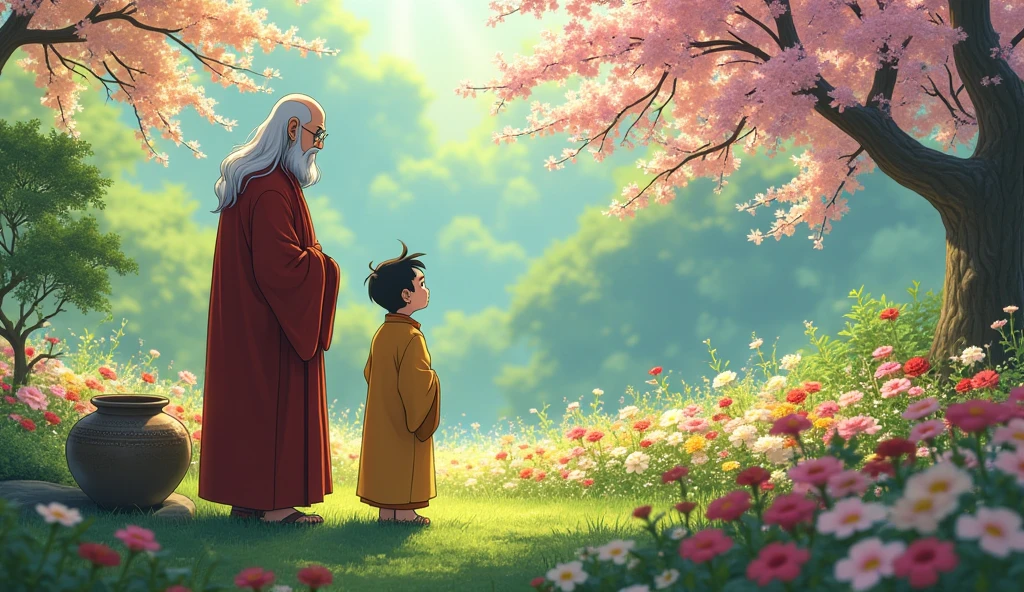 Old monk master standing with his young monk desciple at beautiful garden and they are watching beautiful flowers, in anime style,  the pot placed at the edge of a flower bed,