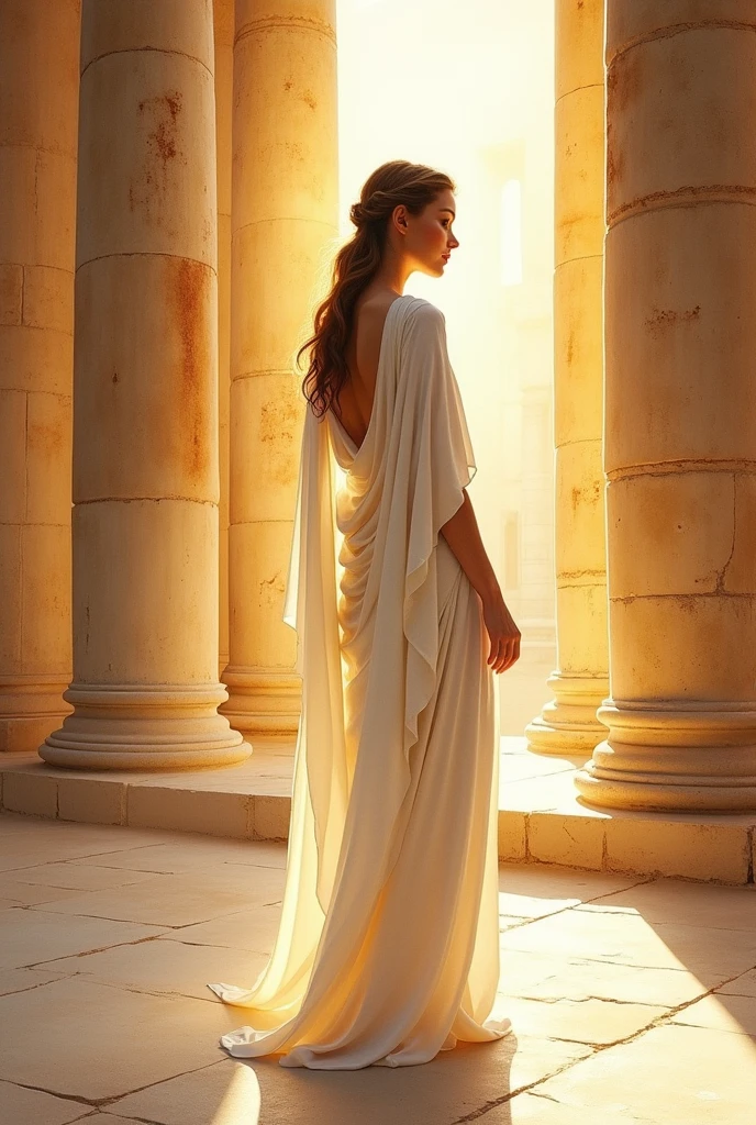 A captivating watercolor painting of A Vestal Virgin, bathed in the golden light of dawn, performs her sacred ritual at the Temple of Vesta. Clad in a thin pristine white tunic, her youthful beauty is accentuated by the soft, natural light. Her hourglass figure is subtly revealed through the delicate fabric.