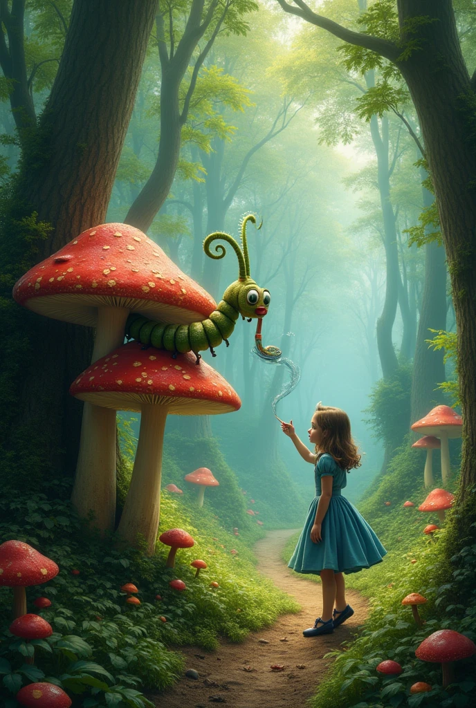 Magic Forest, full of tall trees and giant mushrooms. Alice walks, marveling, until finding the Caterpillar, sitting on a mushroom and smoking a pipe.