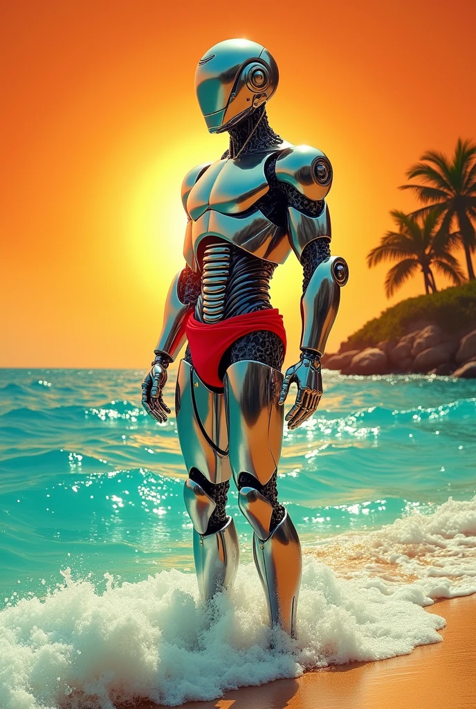 Create a poster for a movie called: "made to kill" with a robot in front of the sea in swimming trunks