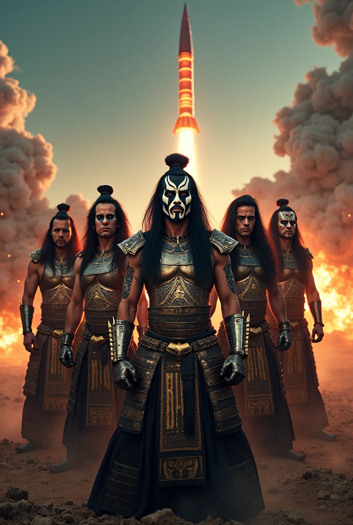 Heavy Metal Band、Album cover photo、Group of 5 men、flashy、makeup、ecstatic、samurai、Battlefield missiles、inflammation、4k、Ultra-realistic