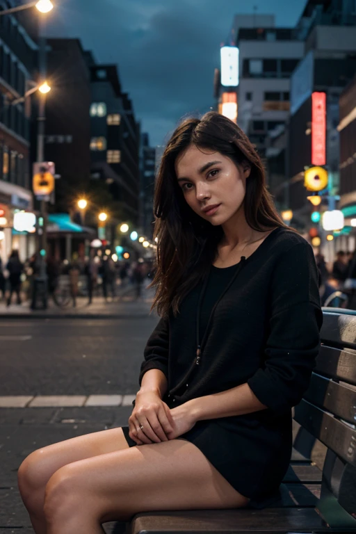 generate an image of a woman sitting in a bench, watching the city at night (textured skin)