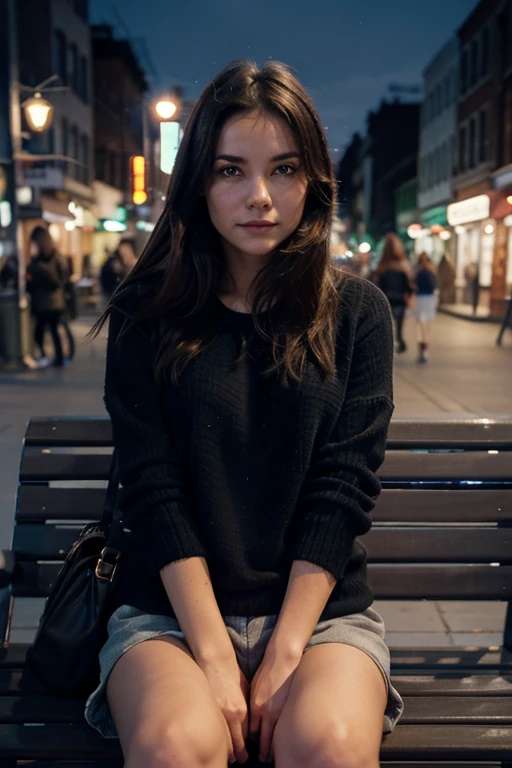 generate an image of a woman sitting in a bench, watching the city at night (textured skin)