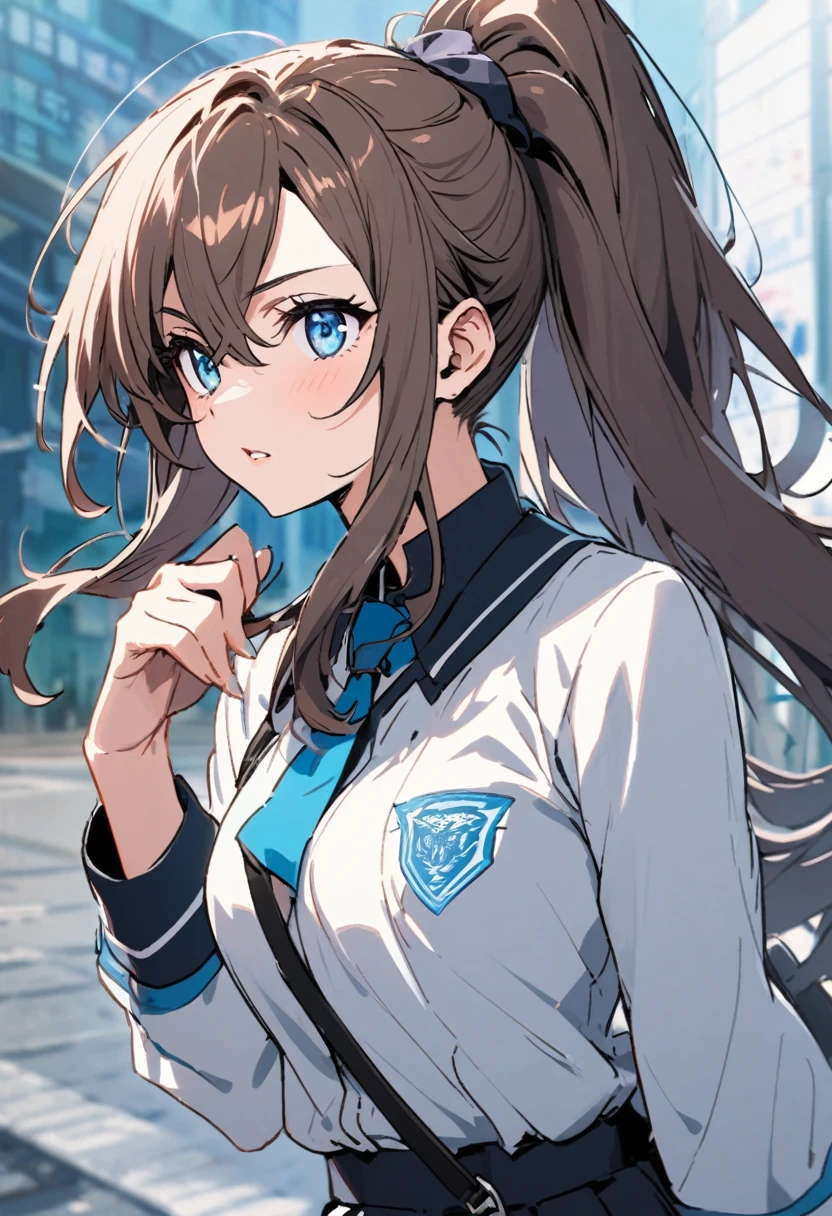 A cool high school girl with blue eyes and a long ponytail