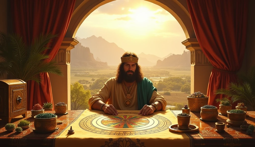 Create an image of Solomon in a planning room, surrounded by different types of safes and treasure containers, each representing different investments: fertile lands, gem stones, trade caravans and natural resources. Solomon is meticulously writing down his plans on a scroll, with diversification symbols drawn around it, like a wheel divided into several sections. No fundo, Through a large window, show different landscapes – mountains, agricultural fields, commercial ports – representing the variety of your investments and preparation for a solid financial future.