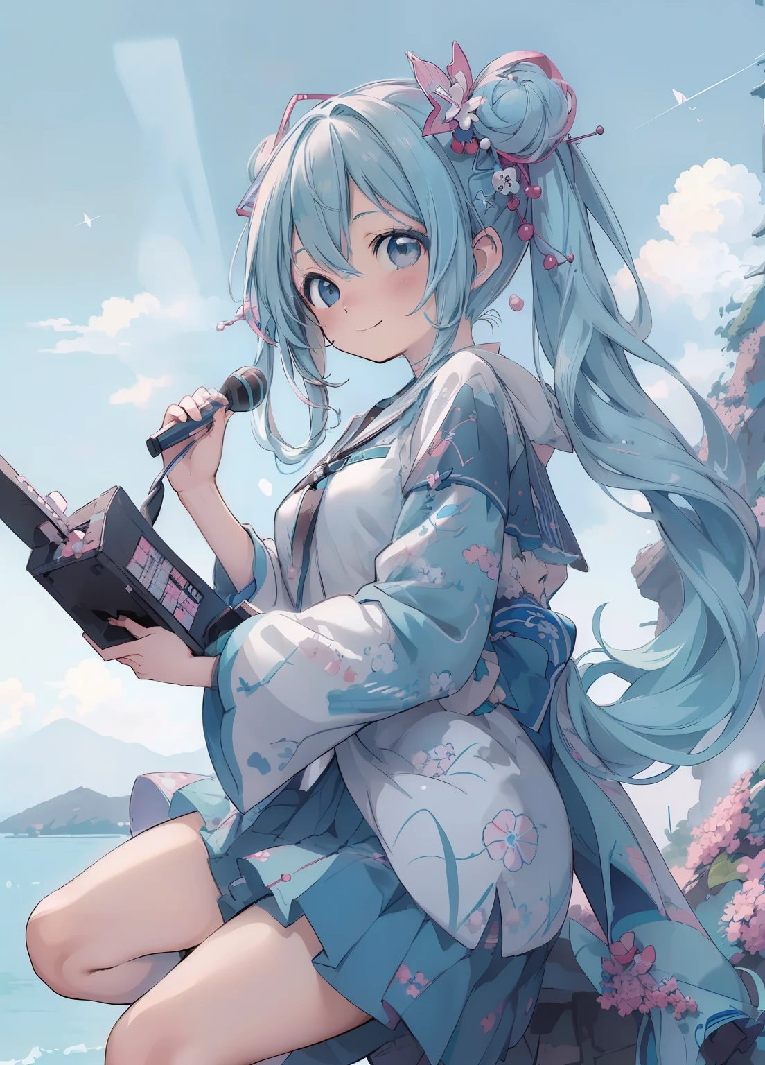 (masterpiece、Highest quality、Highest quality、Official Art、Beautiful and beautiful:1.2)、(One person:1.3)Hatsune Miku、Twin tails,Beautiful breasts, Katsushika Hokusai,8--old、e、rock band、Smile、Beautiful background, Four Girls,Jump、vocal、drum、guitarist、Keyboardist