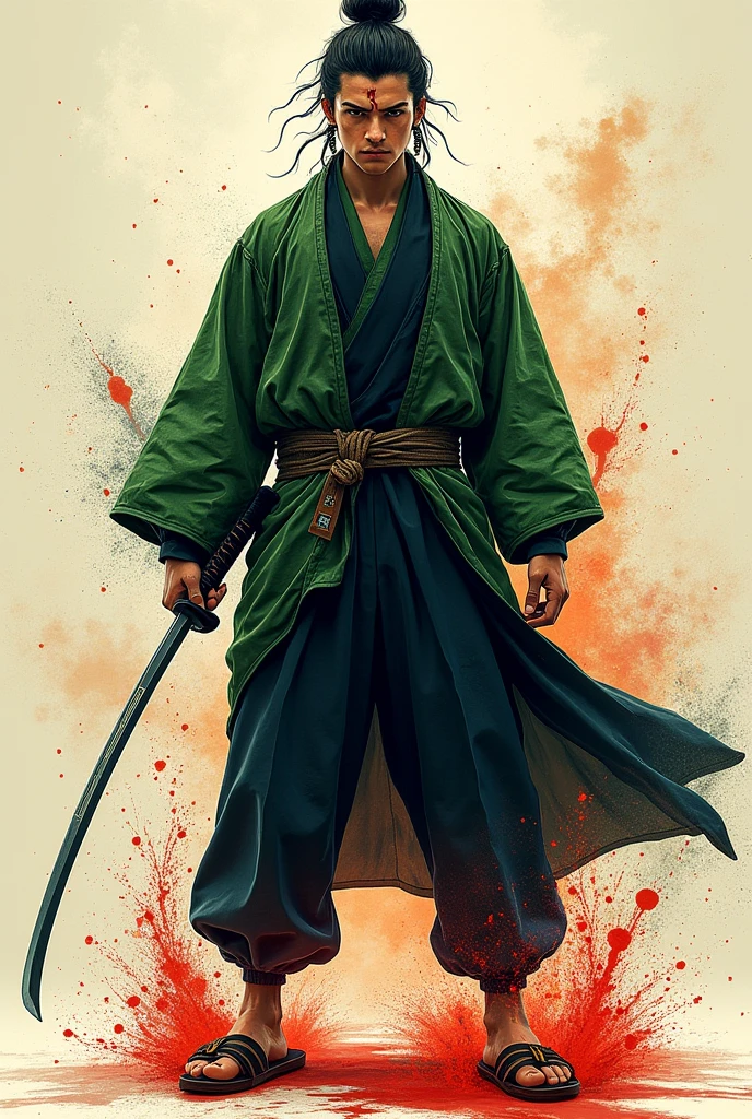 
Demon Slayer live-action version。
Splash in the background。
Standing with a Japan sword。Thick chinos。
The jacket is a two-tone green and black check pattern.。
Wearing geta。
Bruise on the left side of the forehead。
Rectangular earrings on both ears。