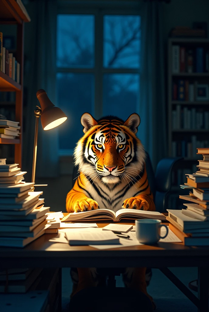 Make a college tiger studying like crazy, worried and scared at night,with a worried face 