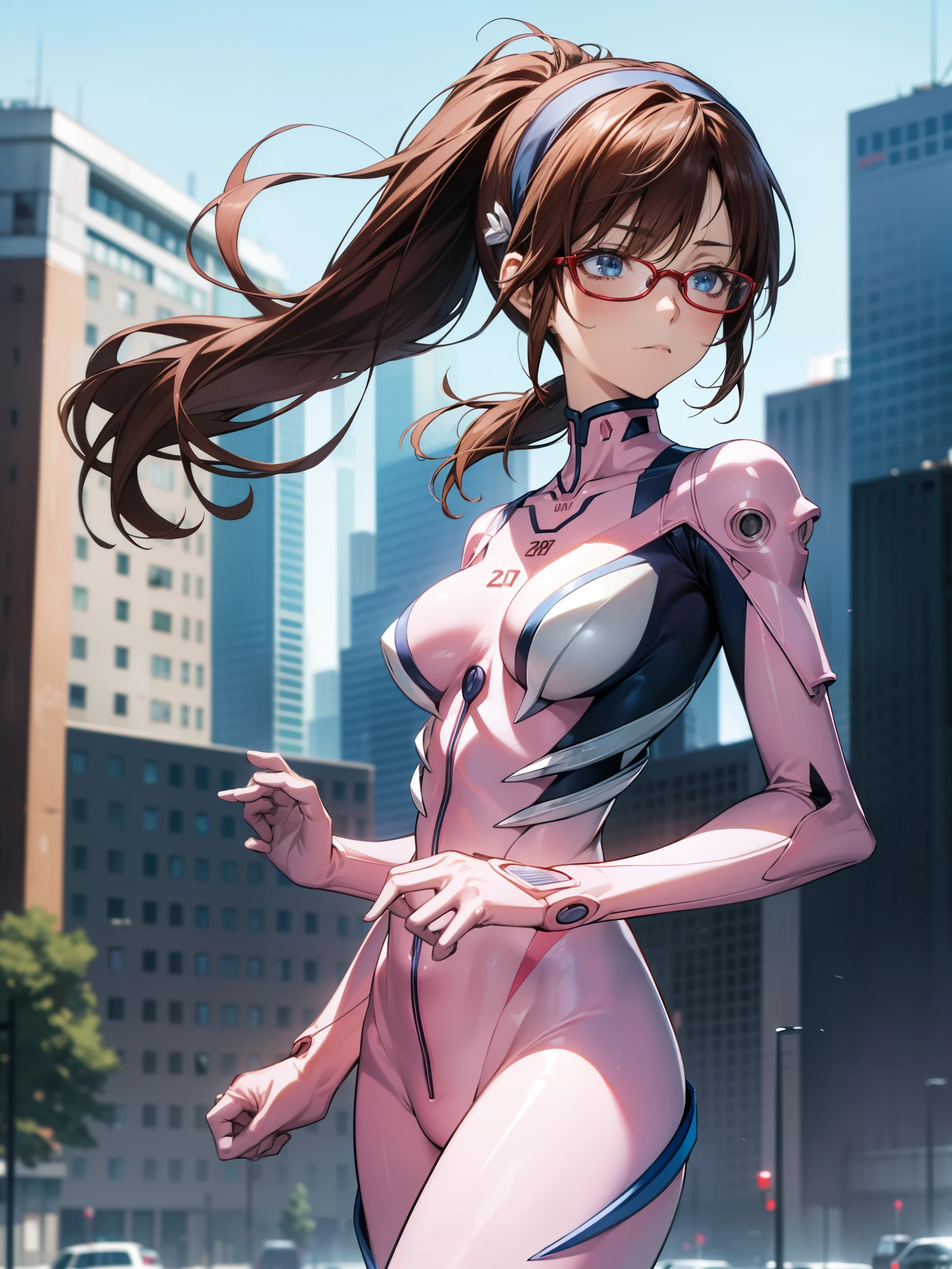 marimakinami, Mari Makinami, blue eyes, Brown Hair, Big Breasts, Glasses, head band, Twin tails,
break bodysuit, Pink bodysuit, Plug Suit,
break outdoors, city,
break looking at viewer, 
break (masterpiece:1.2), Highest quality, High resolution, unity 8k wallpaper, (shape:0.8), (Beautiful attention to detail:1.6), Highly detailed face, Perfect lighting, Extremely detailed CG, (Perfect hands, Perfect Anatomy),