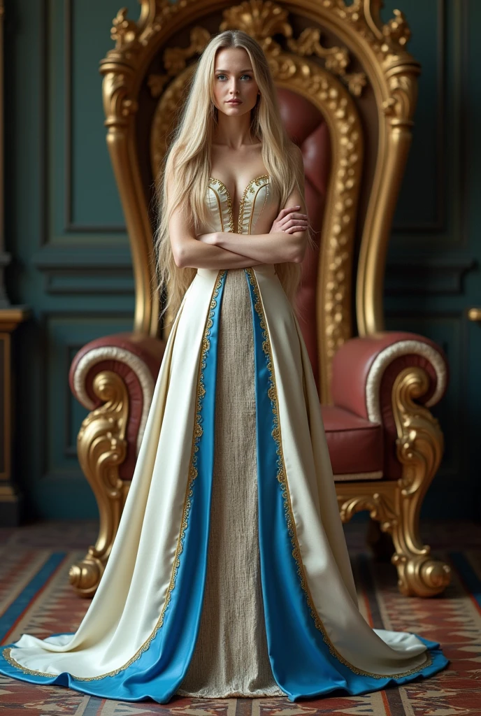 from face, official portrait, full view of a queen, a 30 years old woman, very long blond hair, blue eyes, slim, arms folded, she wears a futurist cream and blue dress made from a mix of printed circuit board alloy and leather fabric, a throne in the background