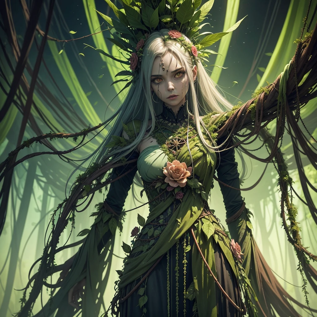 Generate an image of an advanced zombie with its body deeply integrated with plant life. The Mortifera should have vines, roots, and flowers growing out of and through its body, displaying a symbiotic relationship with the plants. It should exude an aura of power and resilience, with a regal or commanding posture. The background should include lush, overgrown vegetation to highlight its connection with the plant world.