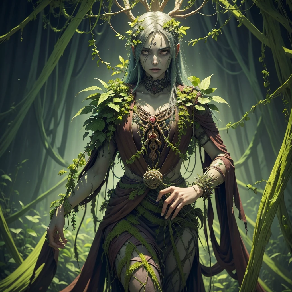 Generate an image of an advanced zombie with its body deeply integrated with plant life. The Mortifera should have vines, roots, and flowers growing out of and through its body, displaying a symbiotic relationship with the plants. It should exude an aura of power and resilience, with a regal or commanding posture. The background should include lush, overgrown vegetation to highlight its connection with the plant world.