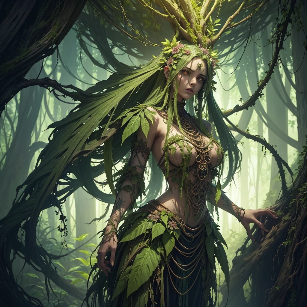 Generate an image of an advanced zombie with its body deeply integrated with plant life. The Mortifera should have vines, roots, and flowers growing out of and through its body, displaying a symbiotic relationship with the plants. It should exude an aura of power and resilience, with a regal or commanding posture. The background should include lush, overgrown vegetation to highlight its connection with the plant world.
