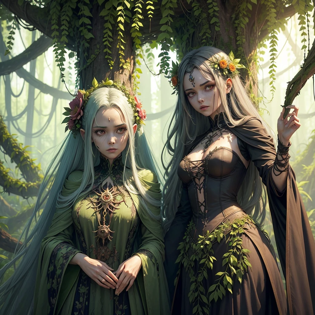 Generate an image of an advanced zombie with its body deeply integrated with plant life. The Mortifera should have vines, roots, and flowers growing out of and through its body, displaying a symbiotic relationship with the plants. It should exude an aura of power and resilience, with a regal or commanding posture. The background should include lush, overgrown vegetation to highlight its connection with the plant world.