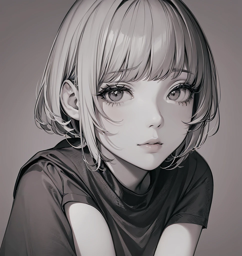 1girl, solo, monochrome, greyscale, short black hair, portrait, sharp eyes, white T-shirt, closed mouth, looking at viewer, sketch, graphite \(medium\), detailed lips, hatching \(texture\), without makeup, bangs, upper body, (best illustration), (best quality), (very detailed), (masterpiece), expressionless,