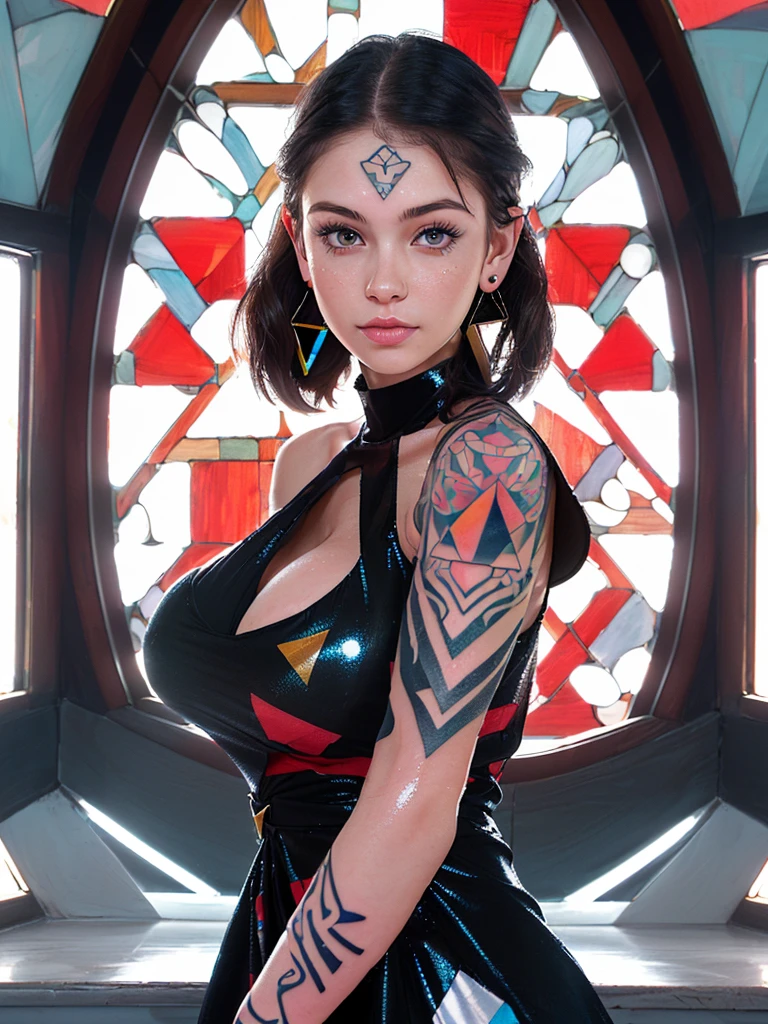 (shiny white skin:1.4),(a girl with gigantic breast:1.5),(cute face with Geometric pattern Tatoo:1.7) , (abstract pattern wall and red window:1.5) ,(many ear ring:1.5),(black dress blouse:1.4) extremely detailed CG unity 8k wallpaper