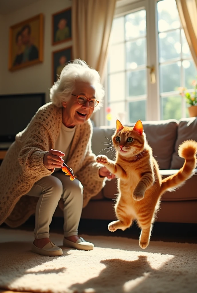 The orange cat plays with the old grandmother, they are very happy playing together