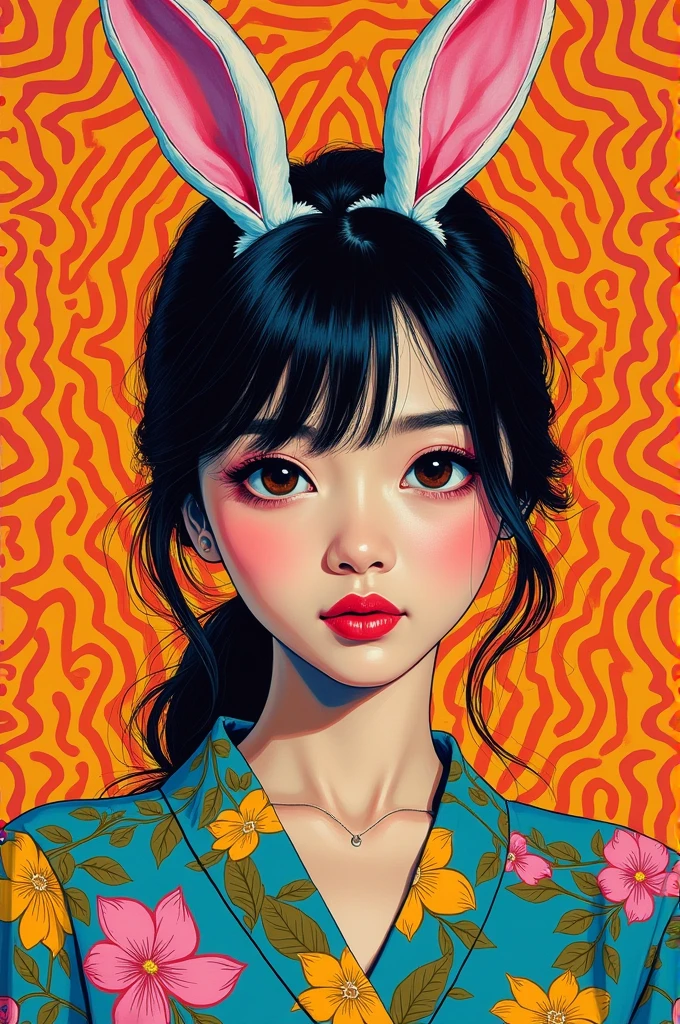 japanese woman, bunny ears, portrait , (Andy Warhol)