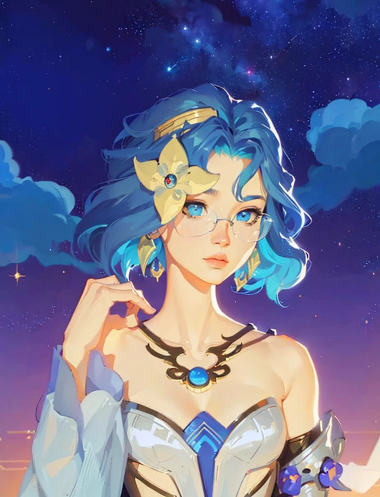 ((Best Quality, 8K, Masterpiece: 1.3)), best quality, ultra high res, texture, hyper realistic, masterpiece, detailed texture, detailed face, detailed skin, detailed lighting, (photorealistic:1.5), best quality, beautiful lighting, cinematic lighting, professional lighting, ultra highres, realistic, a woman with blue hair and glasses standing in front of a night sky, beautiful celestial mage, portrait knights of zodiac girl, celestial goddess, goddess of space and time, stylized anime, lunar themed attire, anime girl with cosmic hair, official character art, goddess of galaxies, botw style, stylized portrait, knights of zodiac girl, cyborg goddess in cosmos