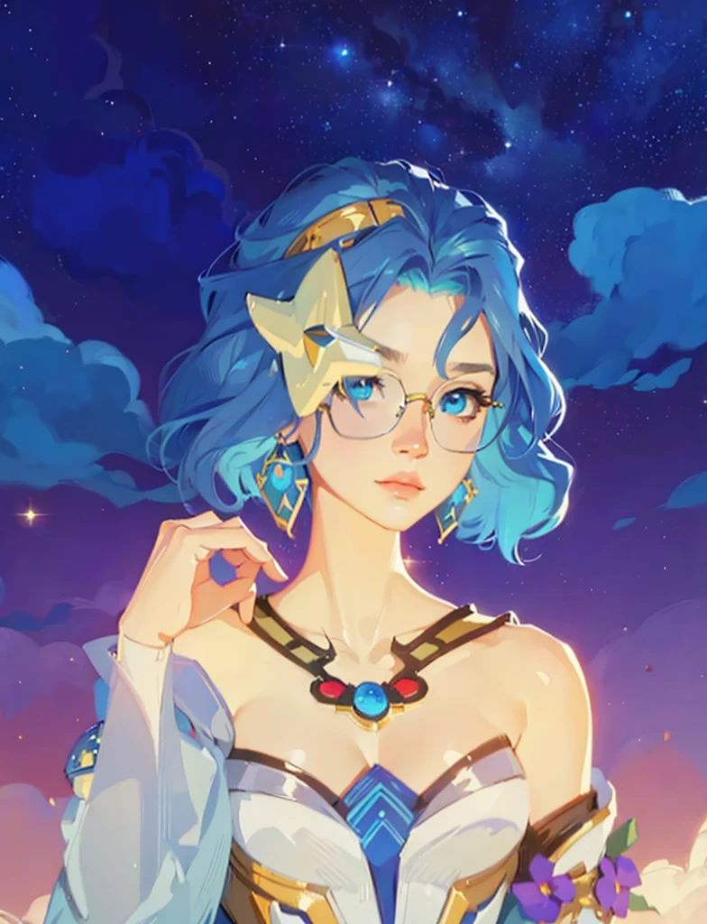 ((Best Quality, 8K, Masterpiece: 1.3)), best quality, ultra high res, texture, hyper realistic, masterpiece, detailed texture, detailed face, detailed skin, detailed lighting, (photorealistic:1.5), best quality, beautiful lighting, cinematic lighting, professional lighting, ultra highres, realistic, a woman with blue hair and glasses standing in front of a night sky, beautiful celestial mage, portrait knights of zodiac girl, celestial goddess, goddess of space and time, stylized anime, lunar themed attire, anime girl with cosmic hair, official character art, goddess of galaxies, botw style, stylized portrait, knights of zodiac girl, cyborg goddess in cosmos