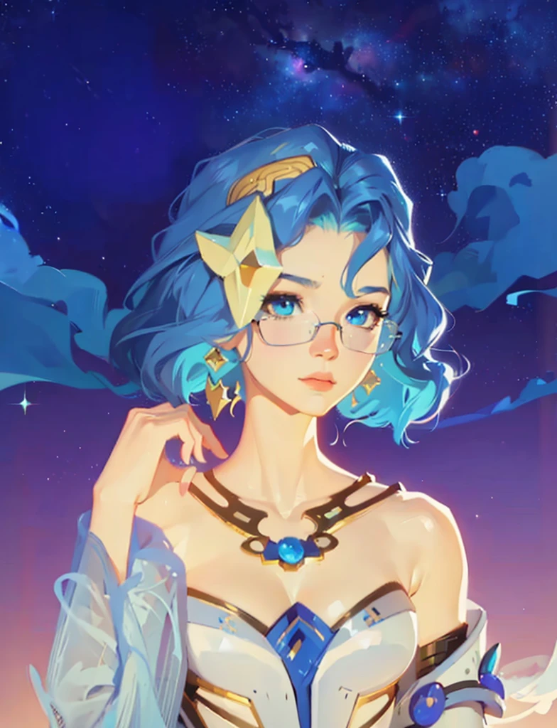 ((Best Quality, 8K, Masterpiece: 1.3)), best quality, ultra high res, texture, hyper realistic, masterpiece, detailed texture, detailed face, detailed skin, detailed lighting, (photorealistic:1.5), best quality, beautiful lighting, cinematic lighting, professional lighting, ultra highres, realistic, a woman with blue hair and glasses standing in front of a night sky, beautiful celestial mage, portrait knights of zodiac girl, celestial goddess, goddess of space and time, stylized anime, lunar themed attire, anime girl with cosmic hair, official character art, goddess of galaxies, botw style, stylized portrait, knights of zodiac girl, cyborg goddess in cosmos
