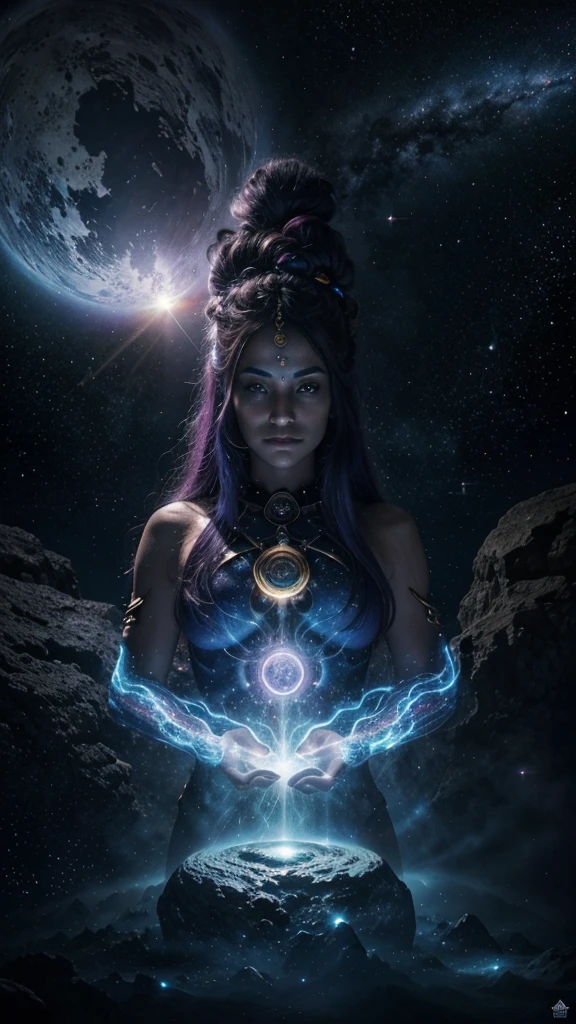 Create a surreal and cosmic-themed illustration featuring a mystical character with a unique appearance. The character should have intricate details and vibrant colors, blending futuristic and ancient elements. Surround the character with celestial objects like stars, planets, and nebulae, and place them in a mystical landscape that evokes spiritual awareness and self-discovery. The overall atmosphere should be one of emotional depth and cosmic wonder.