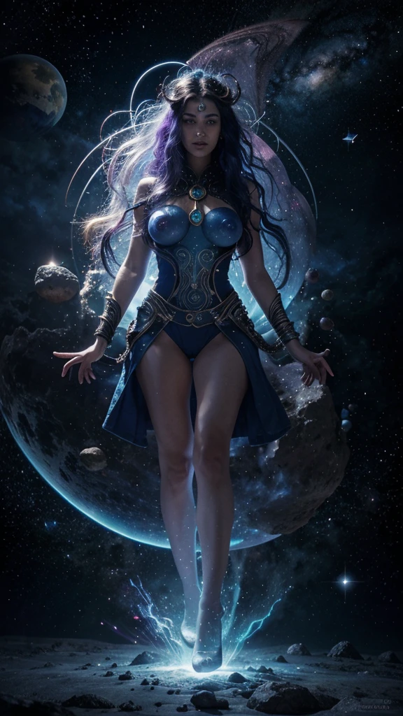 Create a surreal and cosmic-themed illustration featuring a mystical character with a unique appearance. The character should have intricate details and vibrant colors, blending futuristic and ancient elements. Surround the character with celestial objects like stars, planets, and nebulae, and place them in a mystical landscape that evokes spiritual awareness and self-discovery. The overall atmosphere should be one of emotional depth and cosmic wonder.