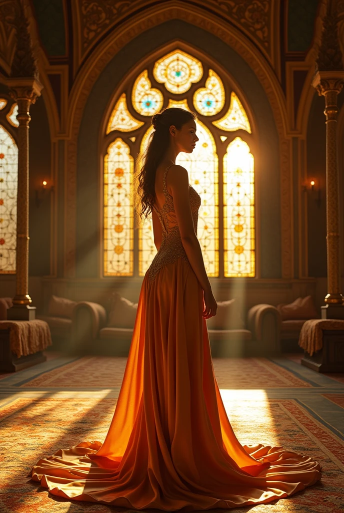 A Byzantine noblewoman, bathed in the warm hues of a setting sun, stands in a lavishly decorated chamber. Dressed in a shimmering silk gown, she strikes a pose that emphasizes her hourglass figure. The soft, diffused light casts long shadows, creating a sense of mystery and allure.