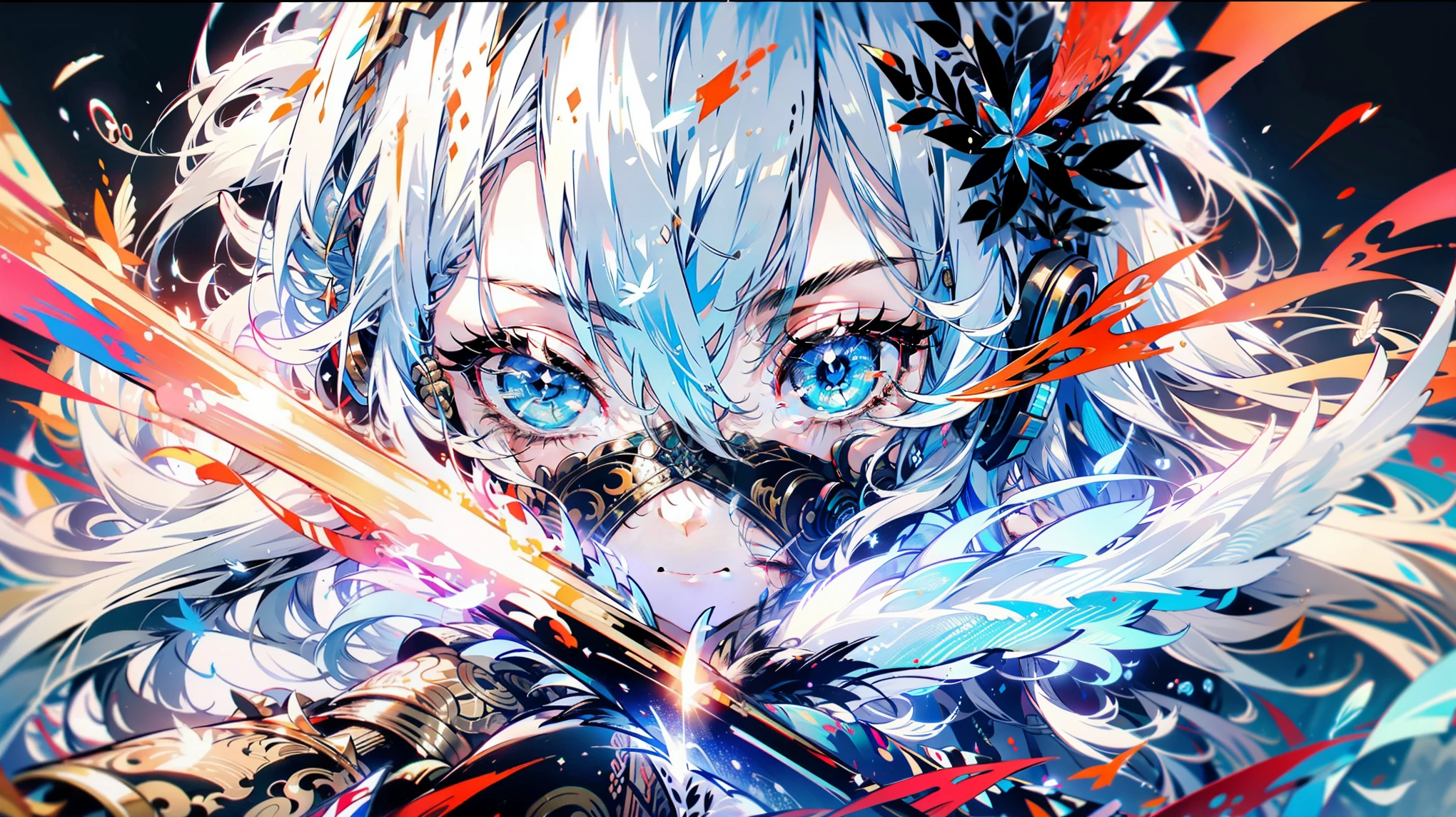 （（（tmasterpiece）））， （（（best qualtiy）））），(ELF),, headphone,(((eyes close up))),  offcial art， the Extremely Detailed CG Unity 8K Wallpapers， （（sketching）））， the night， Sateen， Beautiful detailed sky， intricate outfits，Gorgeous costumes，beautiful detailed  water， GameCG， hugefilesize， sketching， solo， Girl，angelicales， long whitr hair， whaite hair， Wet hair， hair between eye， Hair behind the ears， white colored eyelashes， beatiful detailed eyes， expressionless eyes， yellow eyes， half closed eyes， shoe， The halo， Cross necklace， looking-down， squat，blown hair， Feather ornament， leaf hair ornament， ln the forest， by lake， （（flatchest）））， （（（golden robes）））， longer sleeves， bandagens， white blindfold， elvish ears， （（（Golden Wings））），fenghuang，Phoenix wings，holy rays, , expressive eyes, shining brightly eyes